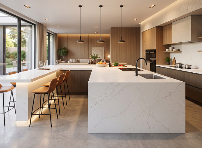 Кухонный остров с барной стойкой из искусственного камня в современном интерьере
