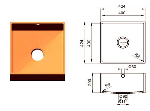 Квадратная галтельная мойка из искусственного камня GL 400 Квадратная галтельная мойка из искусственного камня GL 400